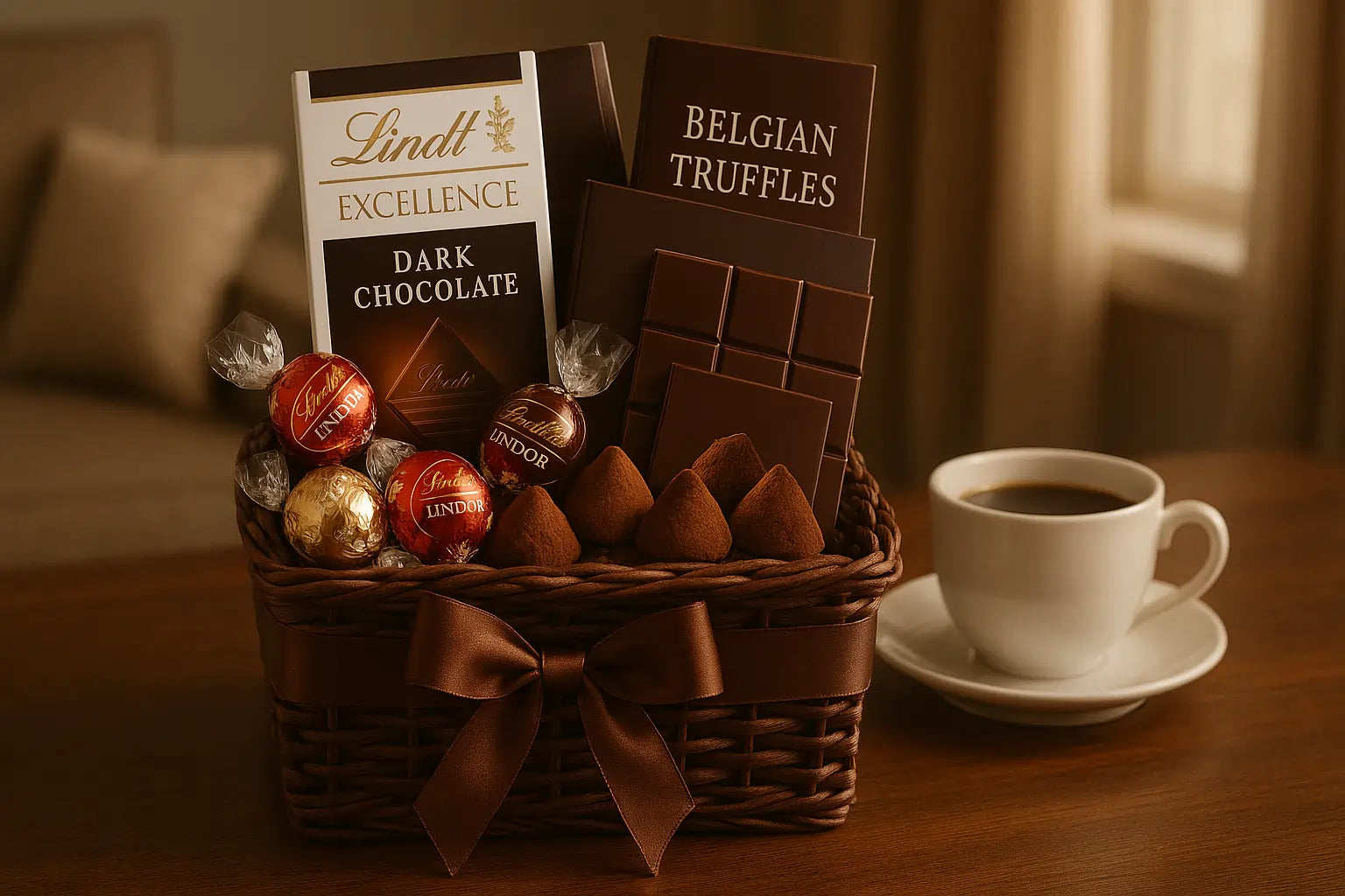 Chocolate gift basket with Lindt bars, Belgian truffles, and a cup of coffee.
