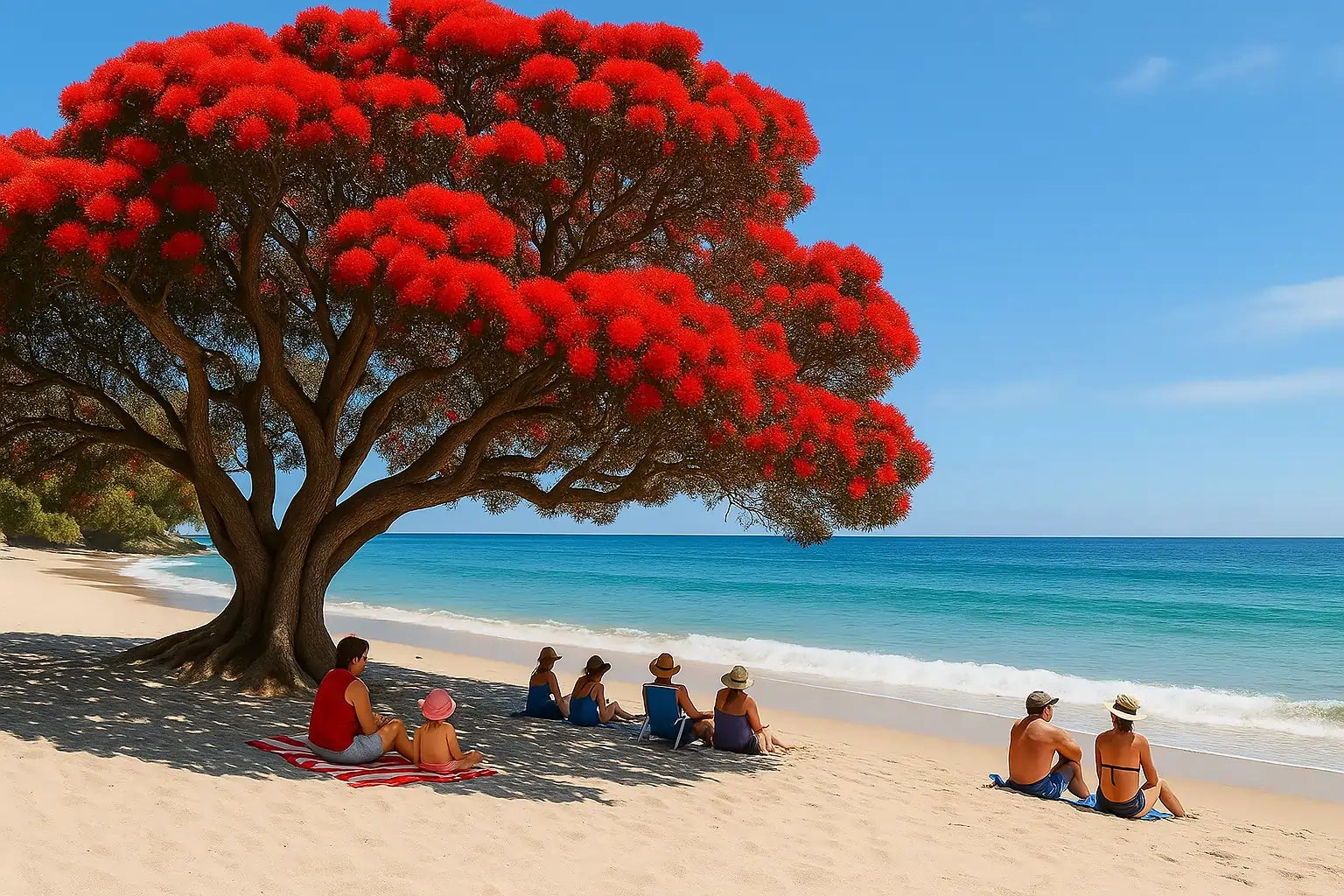 People relaxing under a blooming red pohutukawa tree on a sunny New Zealand beach.