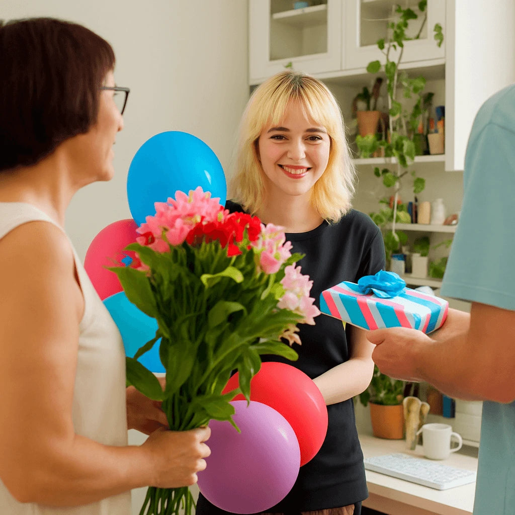 Birthday flowers and gift for smiling woman