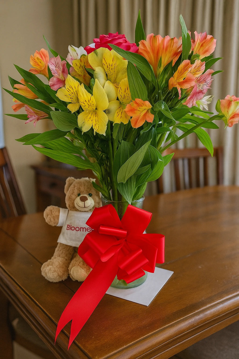Flower bouquet with teddy bear and red ribbon