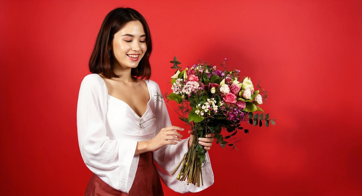 Woman holding NZ flowers bouquet