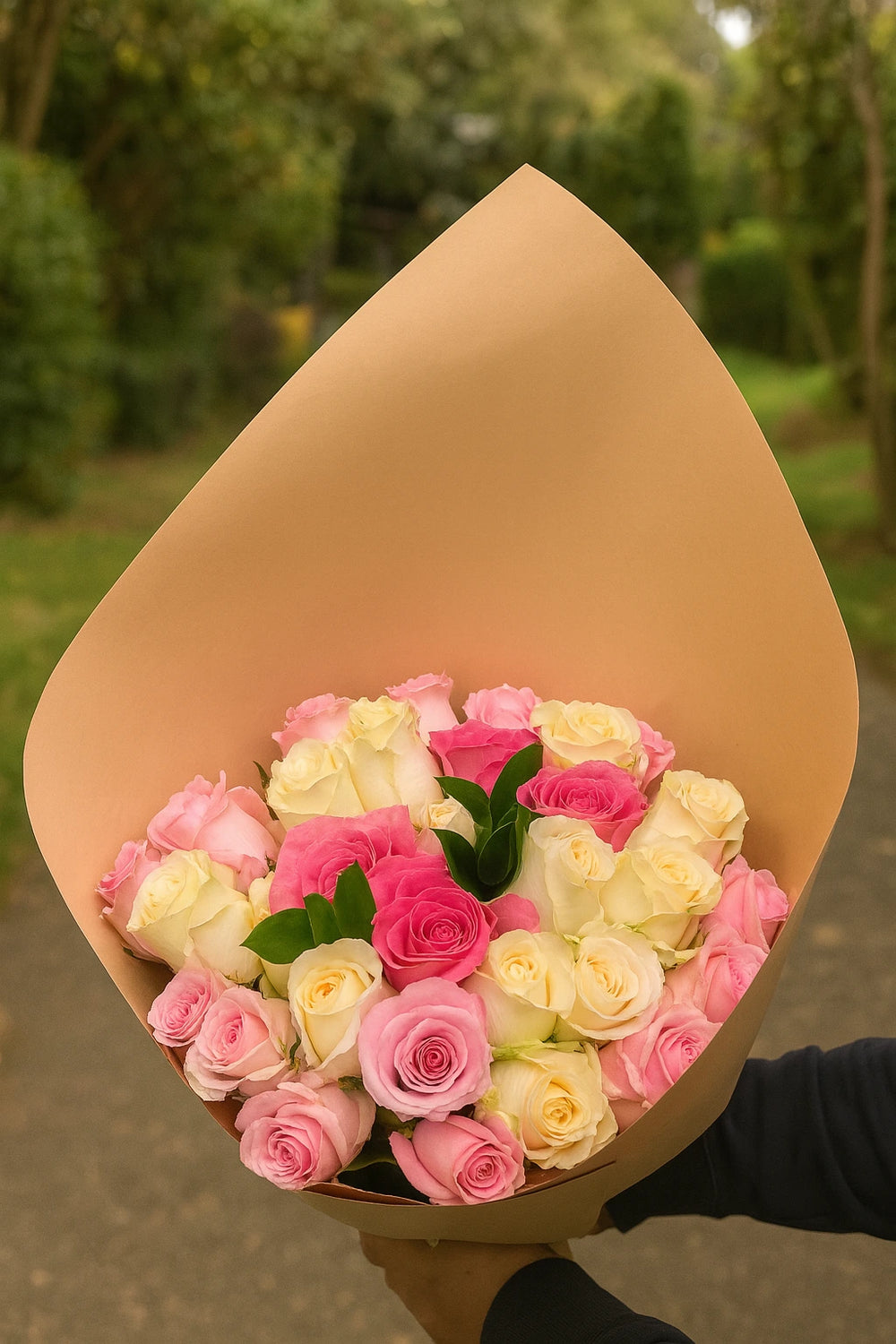 Rose bouquet wrapped in paper.