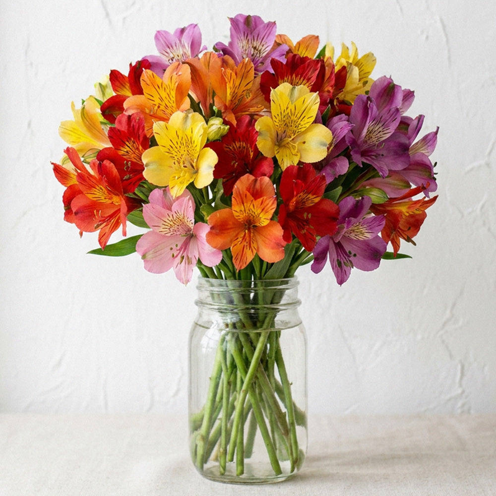 Thirty Blooms of Alstroemeria in Mason Jar