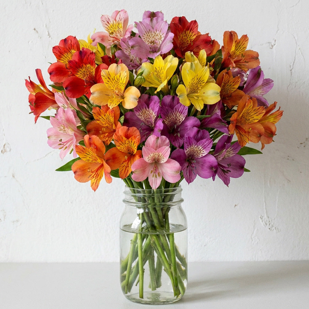 Thirty Blooms of Alstroemeria in Mason Jar