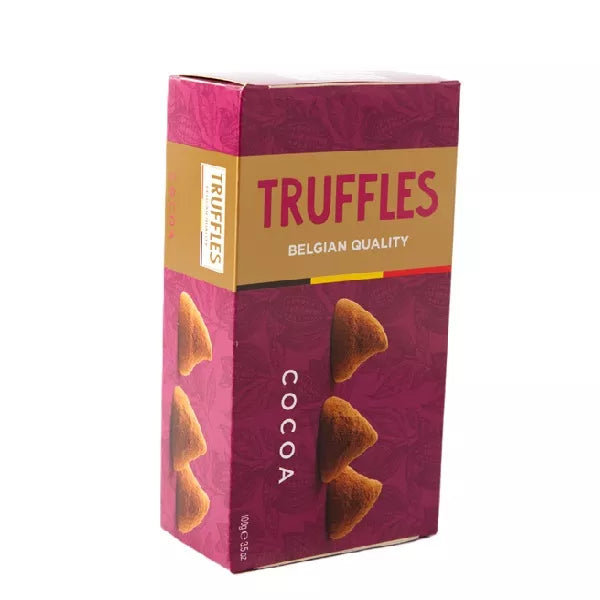 Box of Belgian cocoa truffles on a white background.