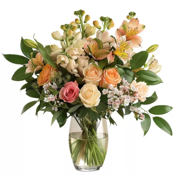 Flower arrangement with roses and other blooms