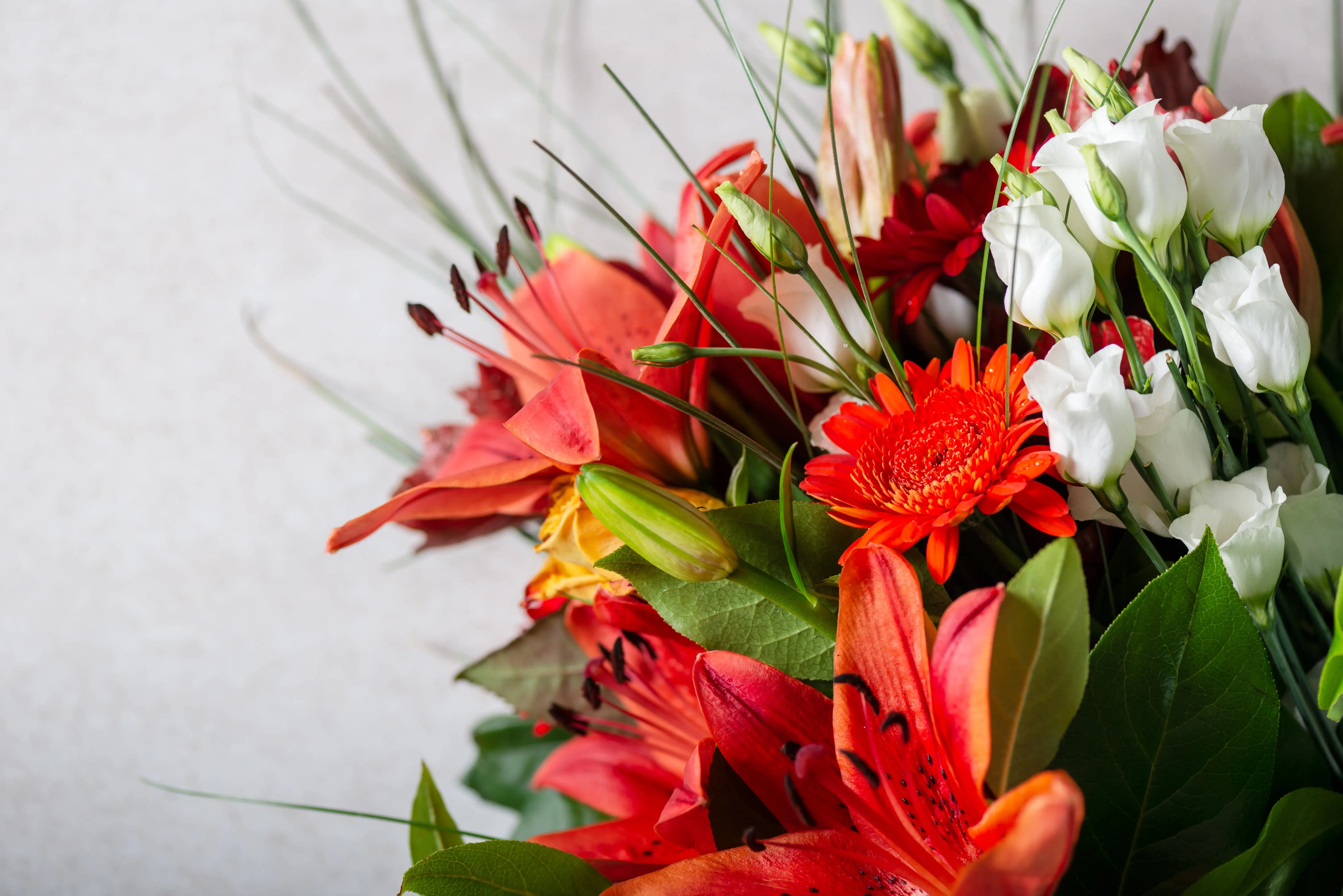 Fresh flower bouquet with red lilies and white blooms.