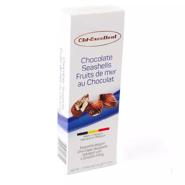Box of "Old-Excellent Chocolate Seashells", made in Belgium with an image of chocolate pieces.
