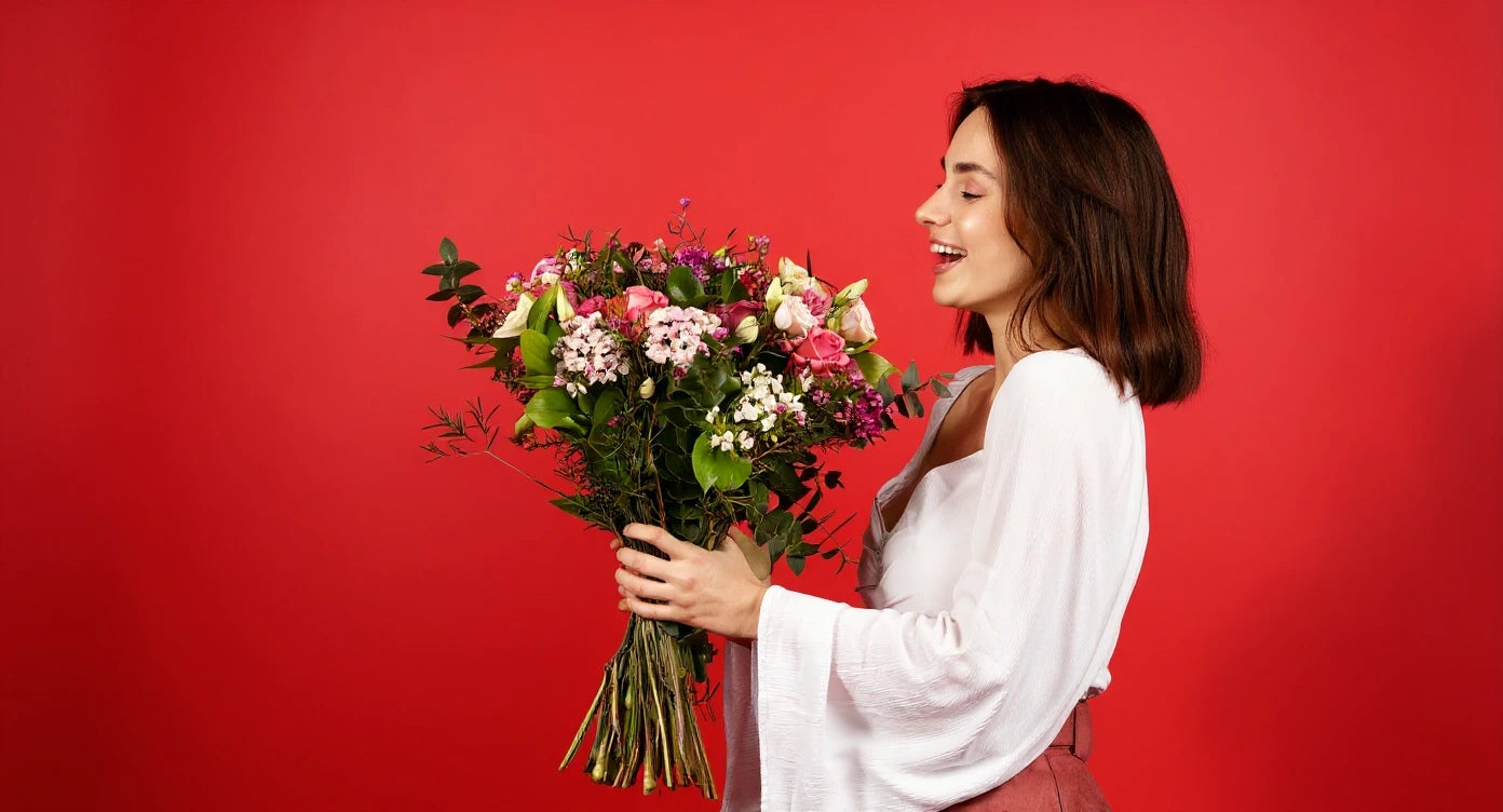 Woman holding flowers, send flowers NZ