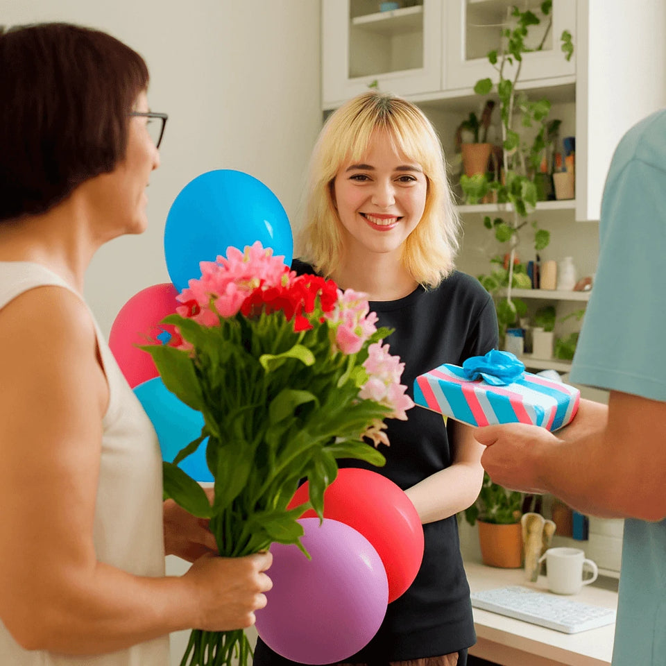 Birthday flowers and gift for smiling woman