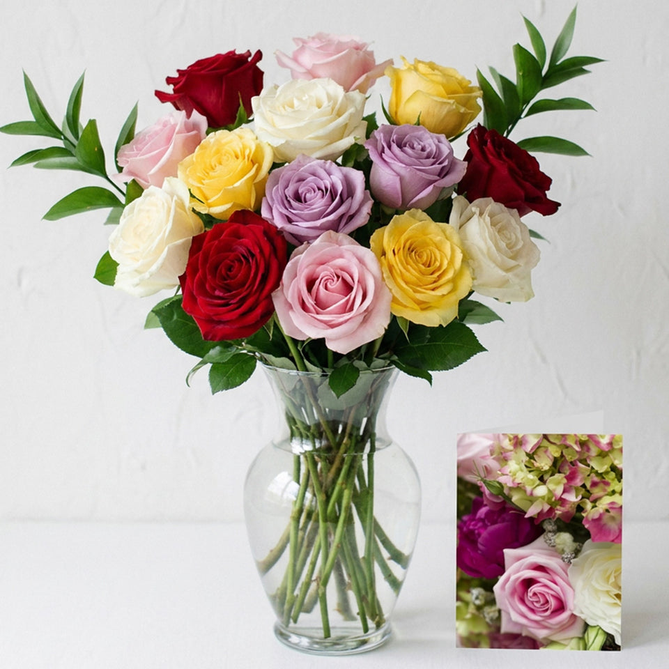 One Dozen Assorted Roses, Vase & Card Combo