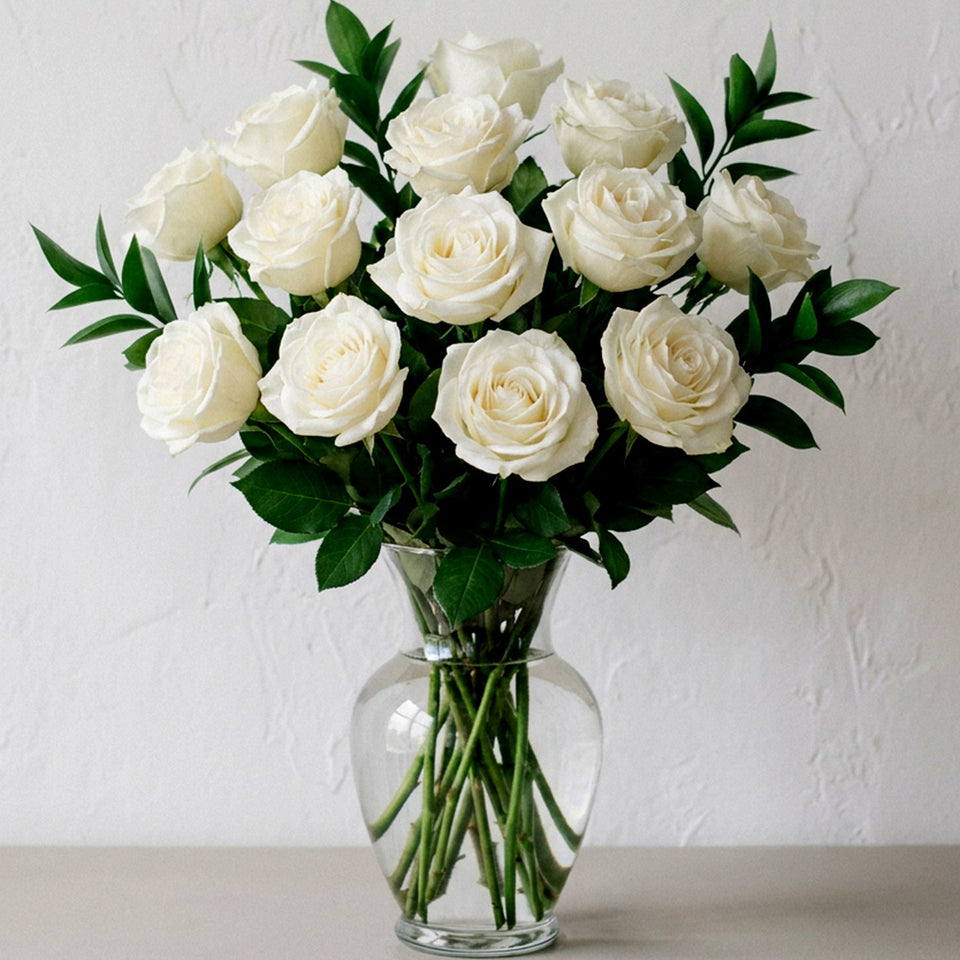 One Dozen Long Stem White Roses