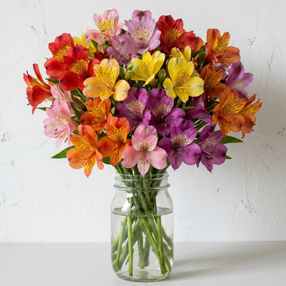 Thirty Blooms of Alstroemeria in Mason Jar