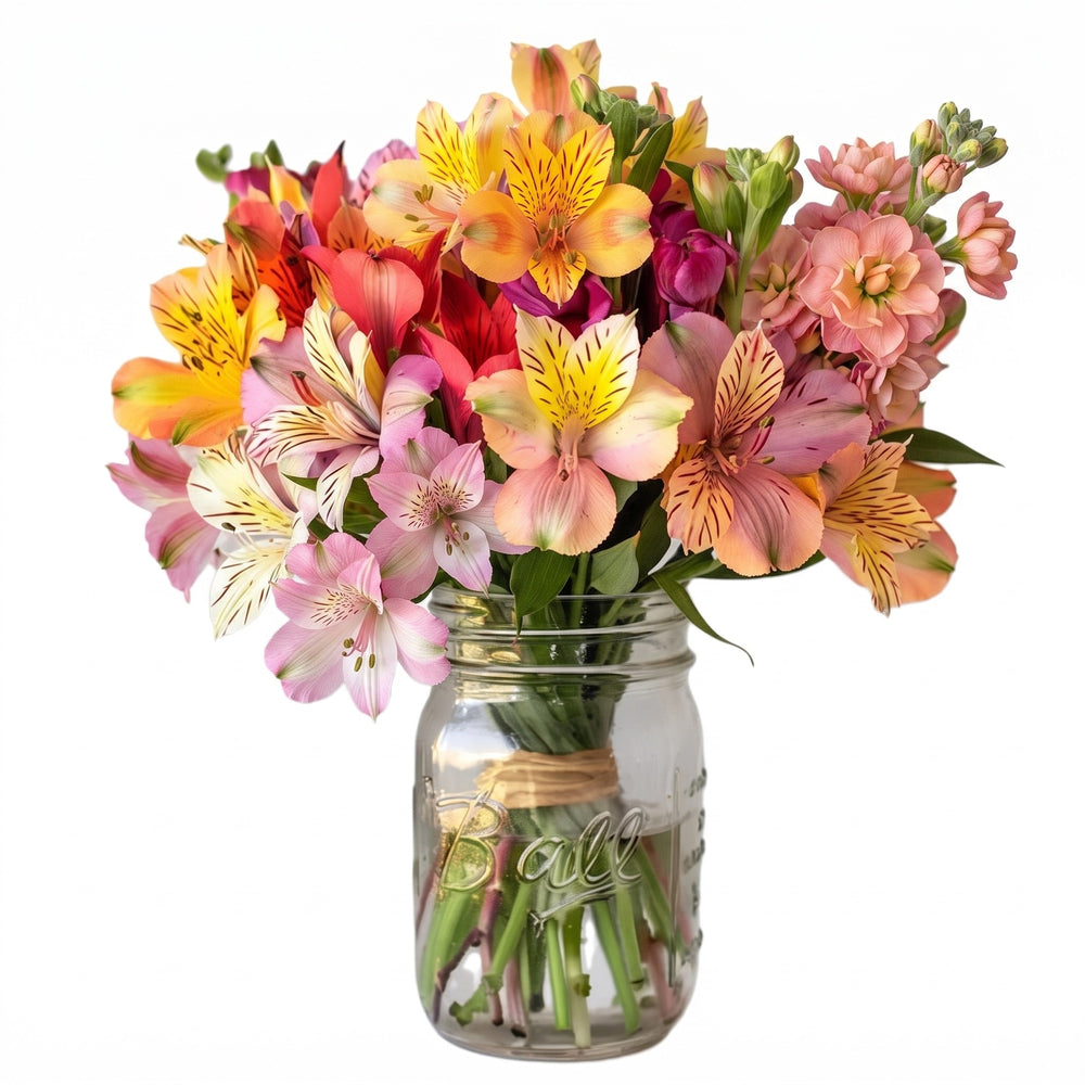 Thirty Blooms of Alstroemeria in Mason Jar
