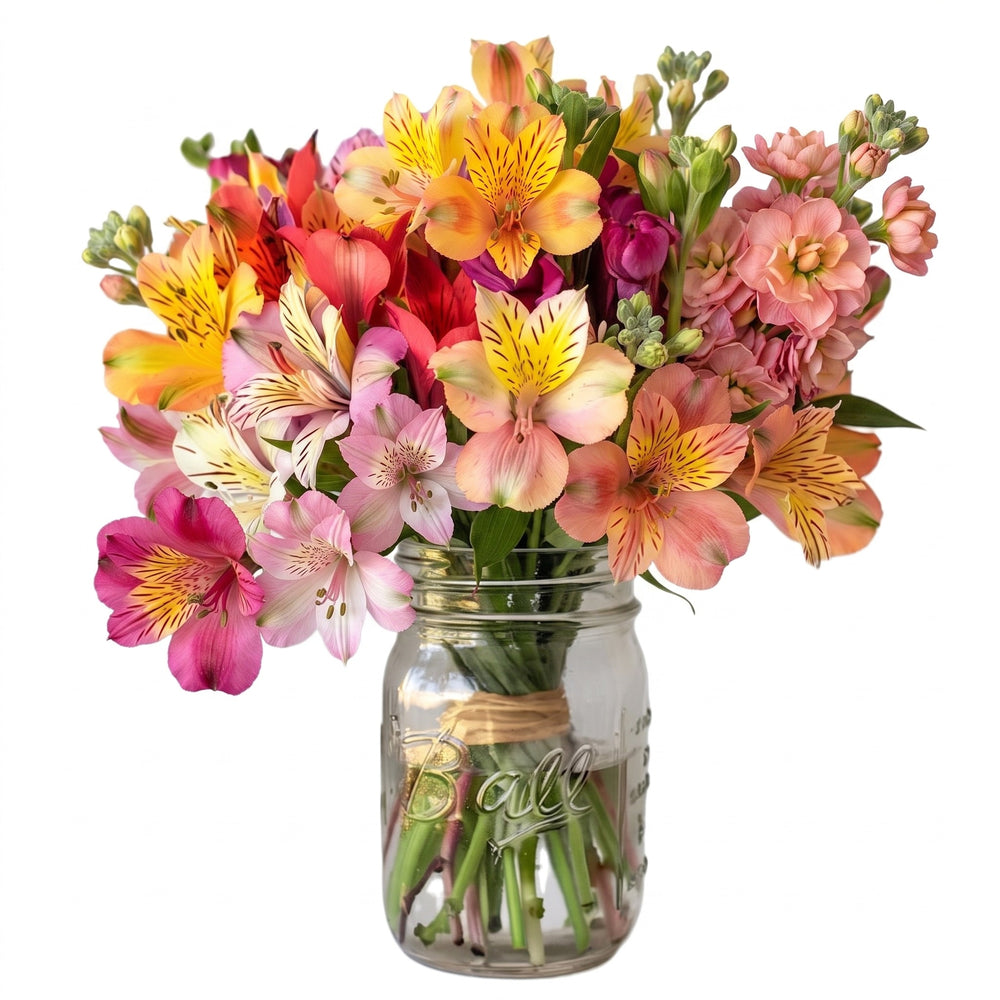 Thirty Blooms of Alstroemeria in Mason Jar