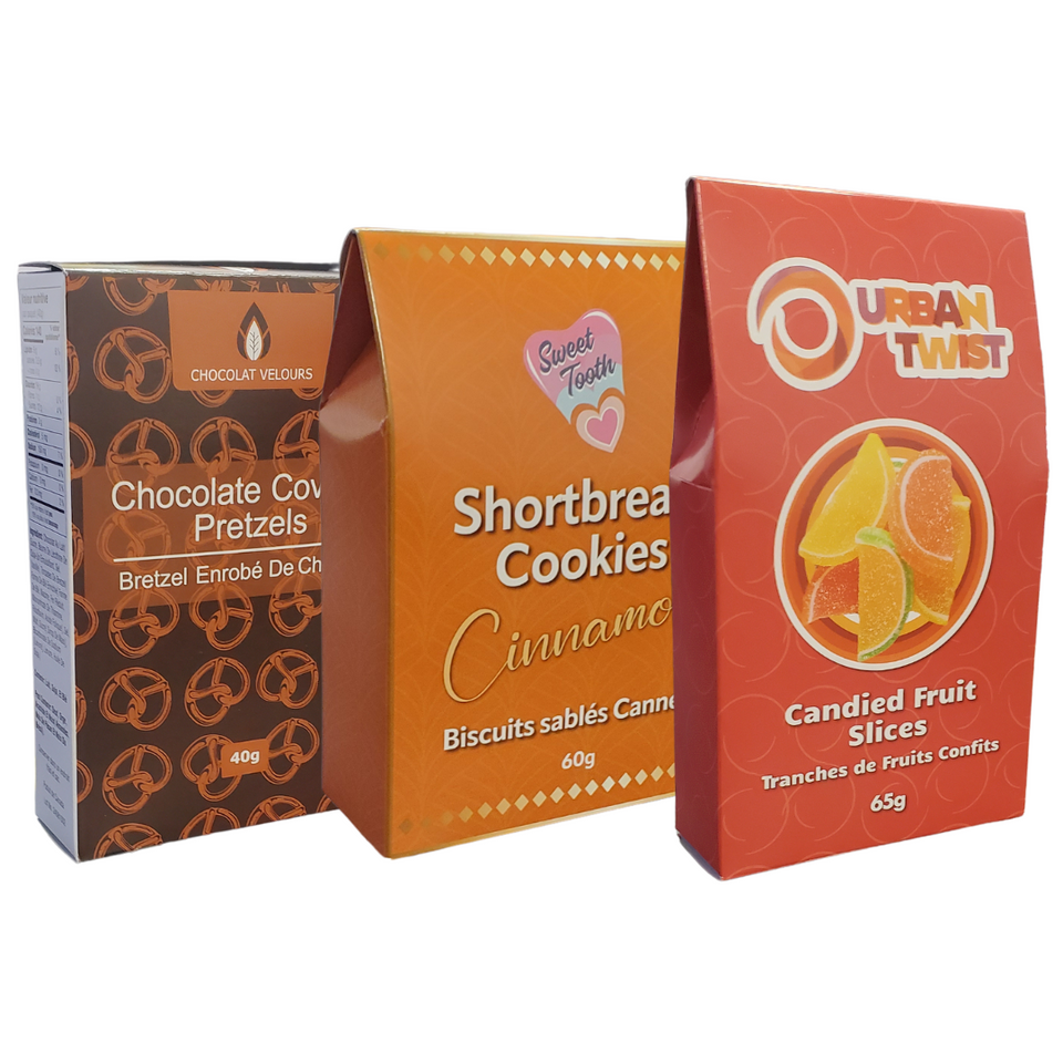 Chocolate Covered Pretzels, Shortbread Cookies, and Candied Fruit Slices.