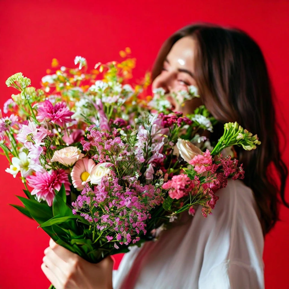 Woman holding vibrant flower bouquet for delivery