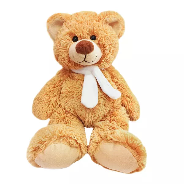 A plush teddy bear with a white scarf on a white background.