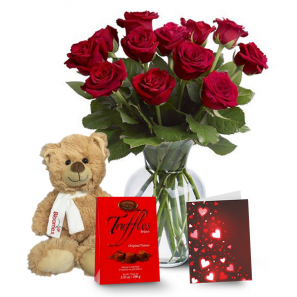 12 Red Roses, Truffles & Teddy Bear