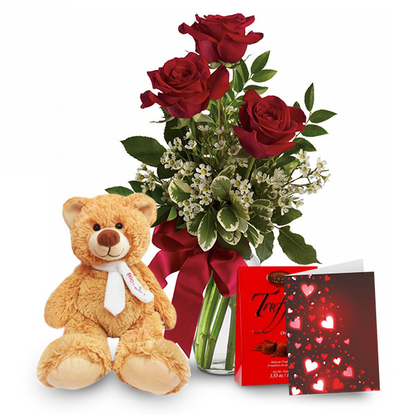 3 Red Roses, Truffes & Teddy Bear Combo 