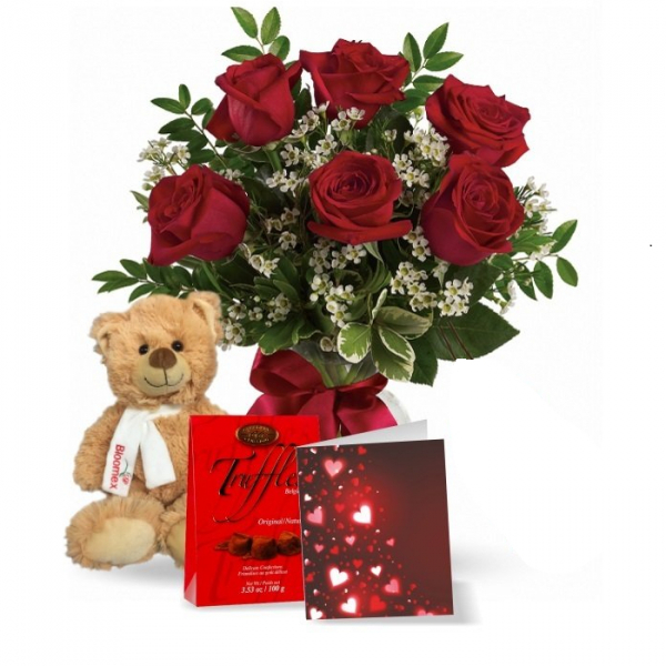 6 Red Roses, Truffles & Teddy Bear 