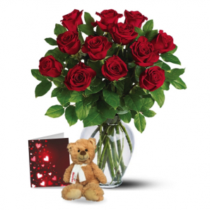 Dozen Red Roses & Teddy Bear